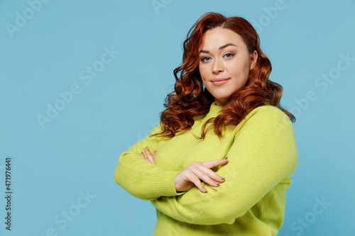 Premium Photo  Plus size positive smiling woman with big breasts face girl  happy on white background in green sweater