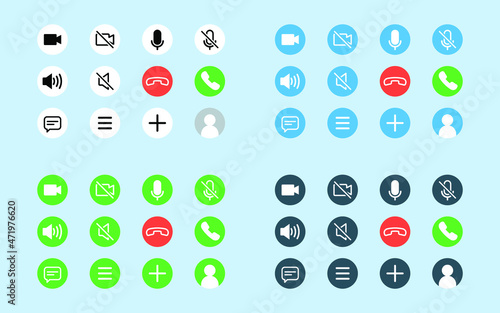 Set of Video call icons for screen template online video app. Video conference and online meeting workspace collections buttons for online video chat app. Web application UI display template.