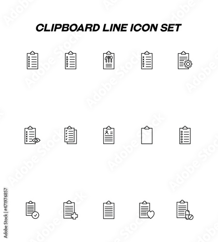 Writing board line icon set. Collection of editable strokes for web sites, applications, advertisements. Line icons of clipboards with pills, crosses, restaurant menu, resume, prescription, contract