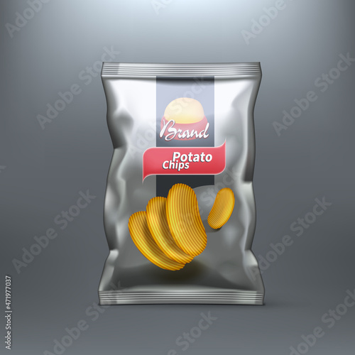 Foil Chips Package Bag With Label Isolated On Dark