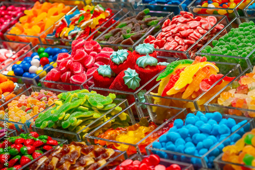  Candy store in the Boqueria market in Barcelona (Spain).