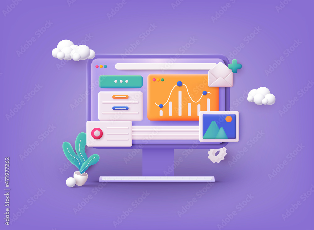 Computer with open pages. Landing page template for web. Data analytics, dashboard and business finance report. 3D Web Vector Illustrations. Computer with open pages. Landing page template for web. Data analytics, dashboard and business finance report. 3D Web Vector Illustrations.