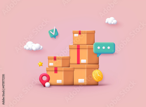 Pile of stacked sealed goods cardboard boxes. Carton delivery packaging with fragile signs. 3D Vector Illustrations.