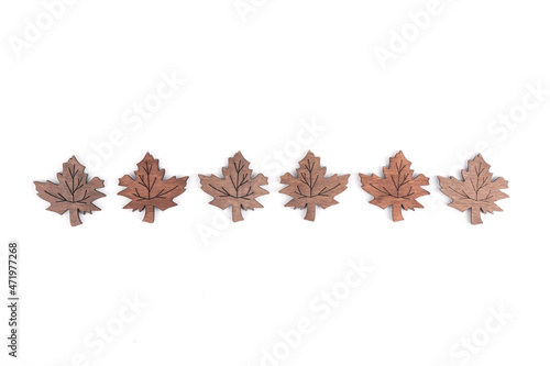 A line of wooden decorative leaves of a tree isolated on white 
