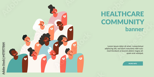 Diverse abstract people group after vaccine injection banner template. Young adult, teen, elderly vaccination. Simple trendy flat vector cartoon illustration. Portrait of multi-ethnic friends