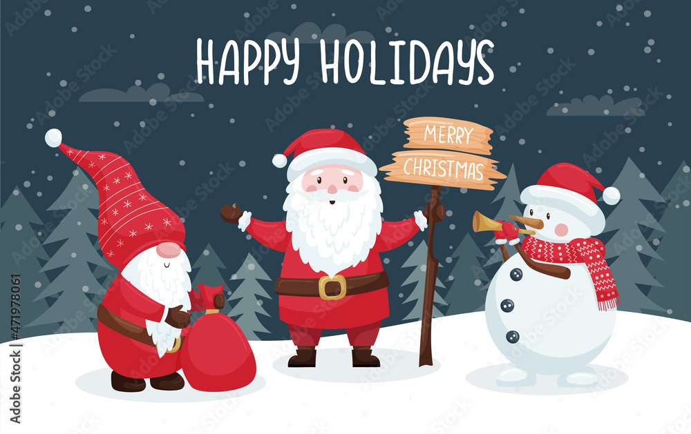 Christmas card with cute smiling characters in a snowy forest. Santa, snowman and gnome with gifts wish happy holidays. Color vector illustration with flat cartoon characters on a dark background. Christmas card with cute smiling characters in a snowy forest. Santa, snowman and gnome with gifts wish happy holidays. Color vector illustration with flat cartoon characters on a dark background.