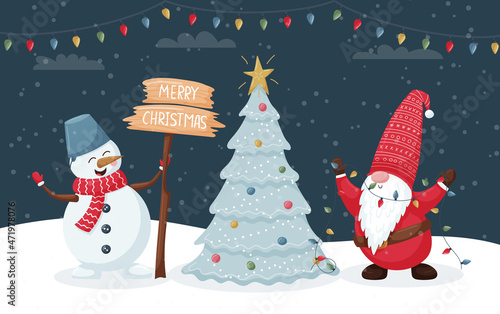 Christmas card with cute smiling gnome with a garland and a snowman with a Merry Christmas sign decorate a Christmas tree. Color vector illustration with flat cartoon characters on a dark background.