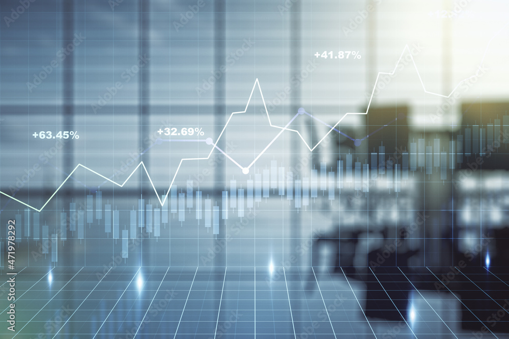Double exposure of virtual creative financial diagram on a modern boardroom background, banking and accounting concept Double exposure of virtual creative financial diagram on a modern boardroom background, banking and accounting concept