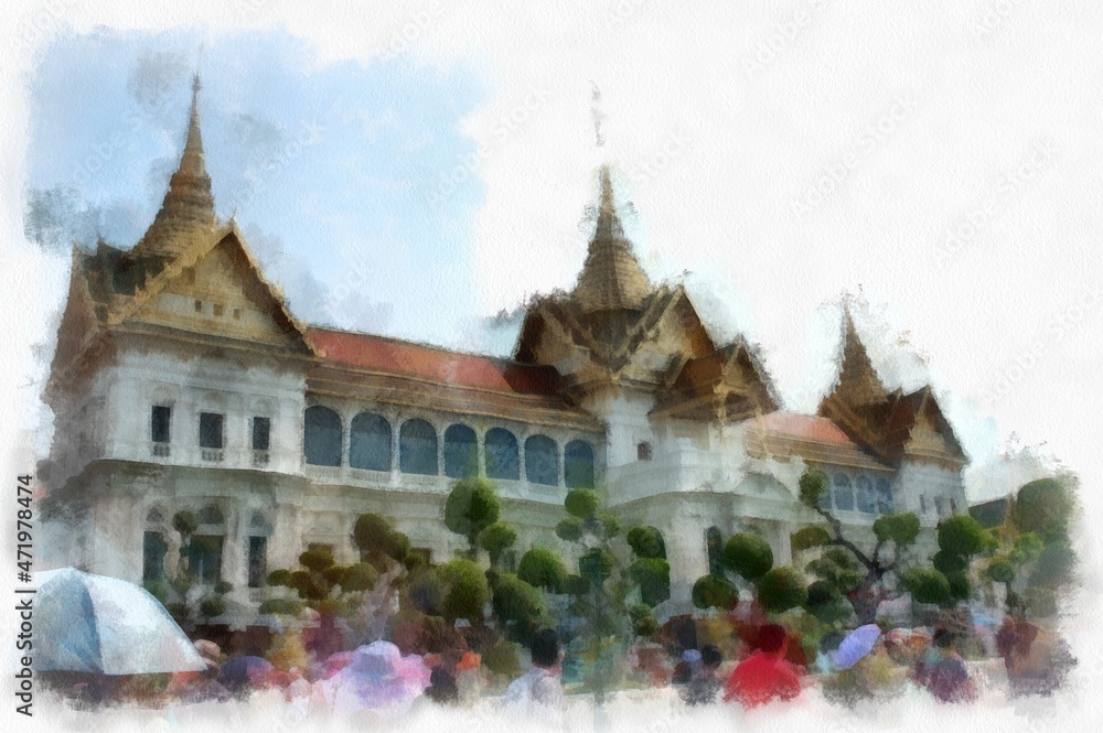 The Grand Palace Bangkok Thailand watercolor style illustration impressionist painting.
