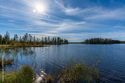 Nature view across a lake in the northern part of Sweden