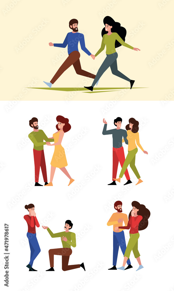 Love couples. Happy characters romantic valentine people with presents and flowers lovers meeting boy and girfriend garish vector persons