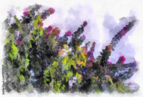 a flower tree with tall pink flowerswatercolor style illustration impressionist painting. photo