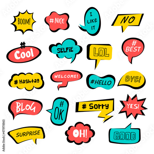 Communication tags. Social service dialogue fun speaking words in decorative bubbles graphic hashtags recent vector templates collection