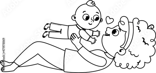 Mother and baby boy playing in the room. Parent and little kid relaxing at home. Black and white vector illustration.
