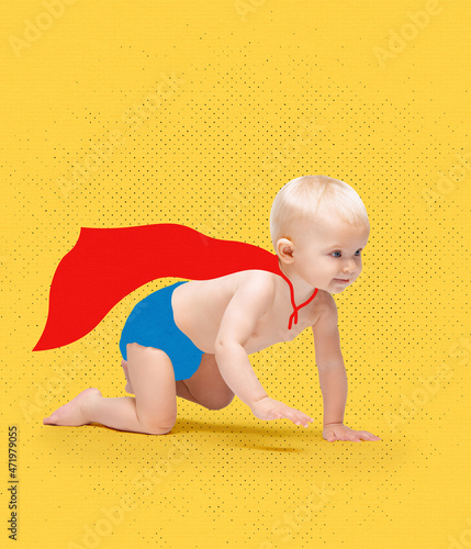 Contemporary art collage of little bay, girl kid in red cloak crawling isolated over yellow background photo