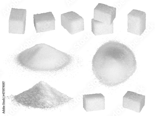 Sugar grains. Pastry ingredients for preparing delicious products sugar in square forms decent vector realistic collection