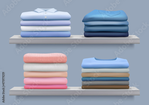 Stacked clothes. Folding clean after laundry cotton pile of fashioned clothes shirts jackets pants decent vector realistic collection
