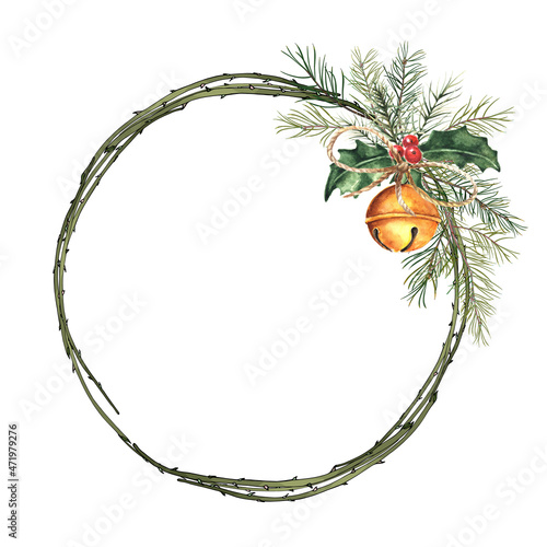 Christmas round frame with fir branches and bell