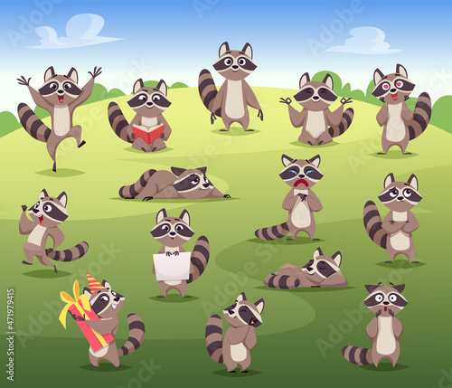 Raccoon. Cartoon wild animal in action poses mammals posing standing jumping various emotions smile raccoon exact vector flat colored pictures isolated