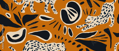 Hand drawn abstract pattern with leopards and various organic shapes. Collage contemporary print. Fashionable template for design.