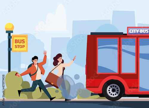 Late for bus. Running business people stop urban transport getting taxi or bus rush lifestyle garish vector cartoon background