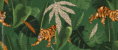 Hand drawn abstract jungle pattern with tigers. Creative collage contemporary seamless pattern. Natural colors. Fashionable template for design.