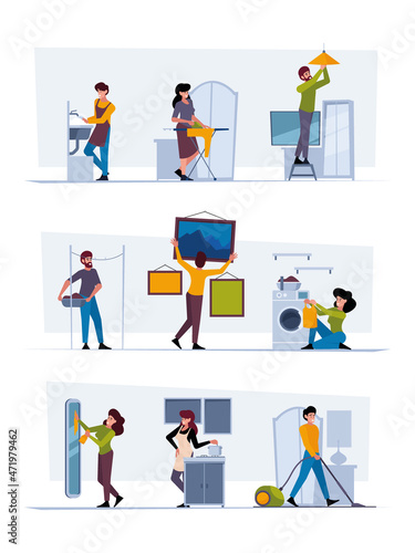 Wallpaper Mural People housework. Dust house cleaning processes domestic working family persons washing carpets and dirty rooms garish vector flat pictures set Torontodigital.ca