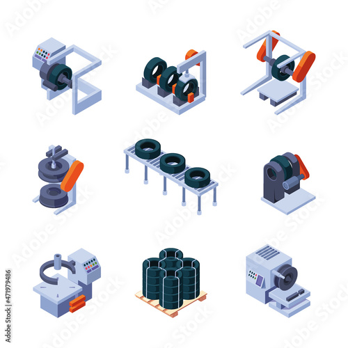 Making tires. Isometric technician processes machinery steel industry tires production technology garish vector smart services