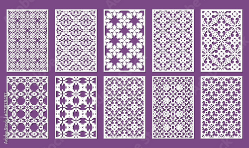 Laser cut ornamental panel templates set 2:3. Template for wedding invitation or greeting card. Cabinet fretwork screen. Metal design, wood carving, vector.