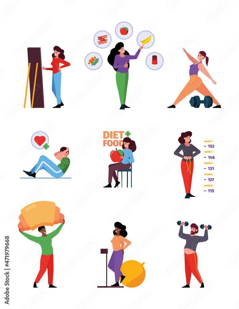 Weight loss concept. Sport exercises for woman fitness industry for healthy lifestyle nutrition for lost weight garish vector colored illustrations set