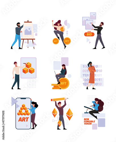 Crypto paintings. Nft blockchain paintings creative artists digital global gallery with photo video pixel art garish vector flat collection set