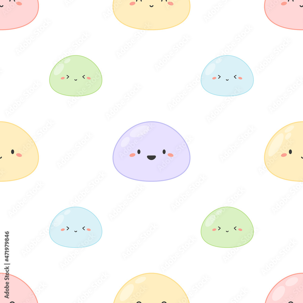 Mochi seamless pattern. Cute character with kawaii face. Funny cartoon food in pastel colors, asian dessert, traditional cake. Vector illustration, minimal background.