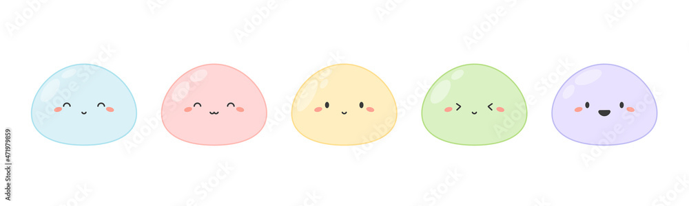 Cute mochi set. Cartoon character with kawaii face, japanese dessert. Sweet asian food in pastel colors. Vector isolated illustration. Cute mochi set. Cartoon character with kawaii face, japanese dessert. Sweet asian food in pastel colors. Vector isolated illustration.