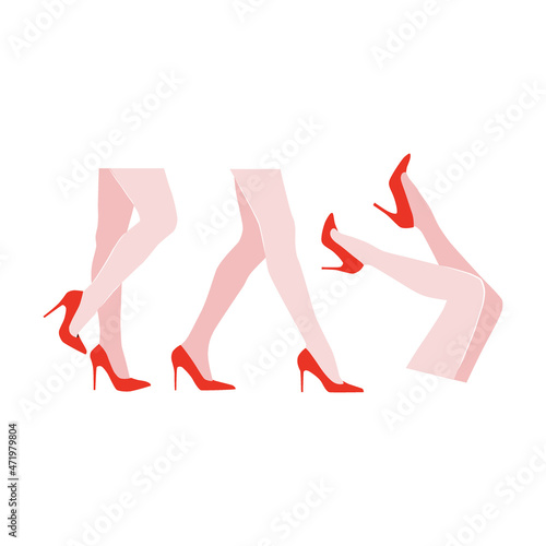 Female legs in high heels red shoes vector clipart set isolated on white. Classy feminine fashion illustration collection. Red Pink aesthetic design element for International woman day.