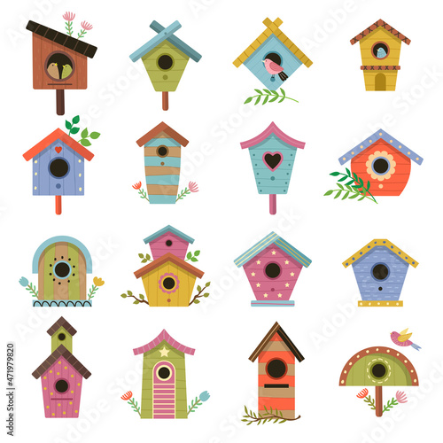 Wooden birdhouse. Garden little houses on branches wooden living room for flying birds recent vector illustrations