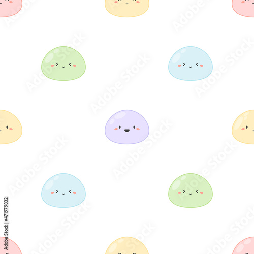 Cute mochi seamless pattern. Sweet asian dessert with manga face in pastel colors. Simple background with delicious food, cartoon character, vector illustration.