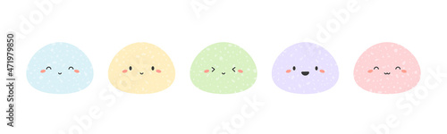 Mochi set with texture and kawaii face. Sweet asian food in pastel colors. Cute character, cartoon dessert. Vector isolated illustration.