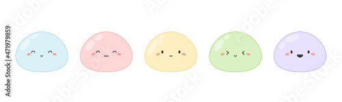 Cute mochi set. Cartoon character with kawaii face, japanese dessert. Sweet asian food in pastel colors. Vector isolated illustration. photo