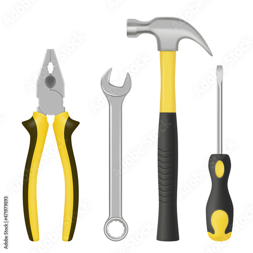 Realistic mechanic tools. Garage metal crafted items for handyman workers steel objects hammer keys screws bolts nuts nails pliers