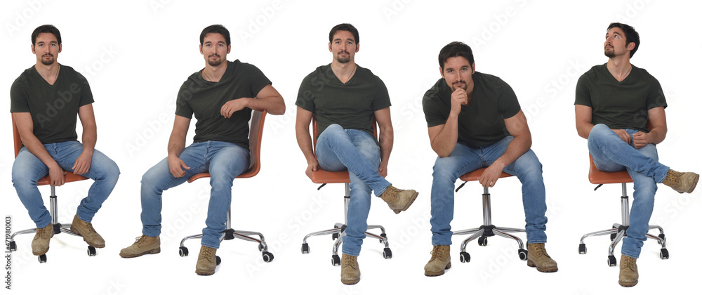 same man sitting of front in various poses on white background