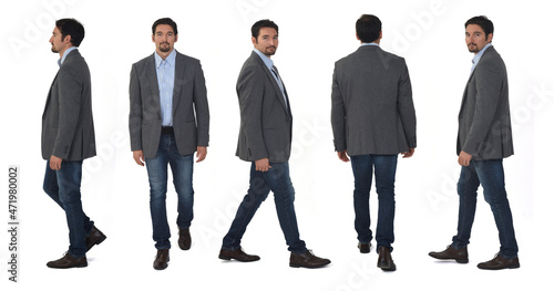 Fotografi line of front, back and side view  of same man walking on white backgruound