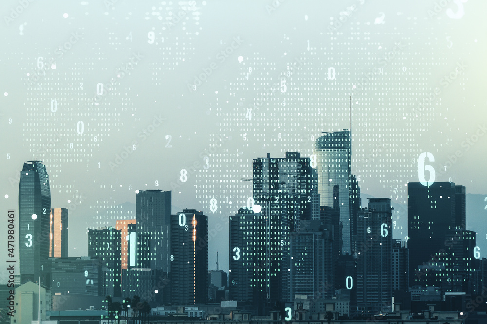 Obraz premium Multi exposure of abstract creative coding sketch and world map on Los Angeles city skyline background, artificial intelligence and neural networks concept