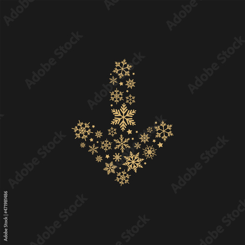 down arrow made of golden snowflakes. Vector icon isolated on black background.