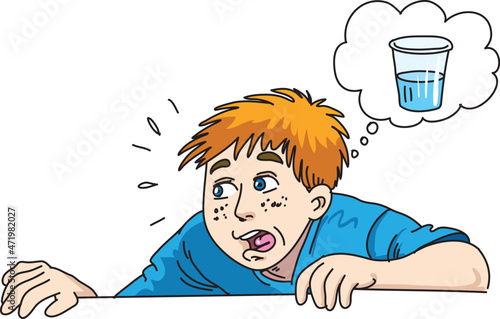 vector illustration boy feel thirsty and think about glass of water