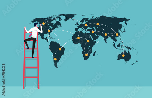 Future business developments strategy. Businessman drawing the world map and the main points to expand new business.