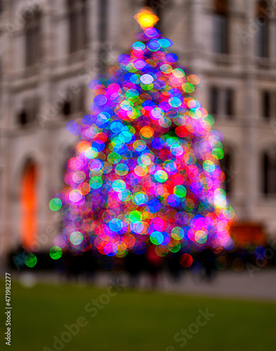 Defocused Christmas tree in Kossuth Square at night in Budapest