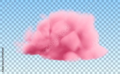 Realistic pink cloud isolated on transparent background. Vector fluffy smoke in a blue sky.