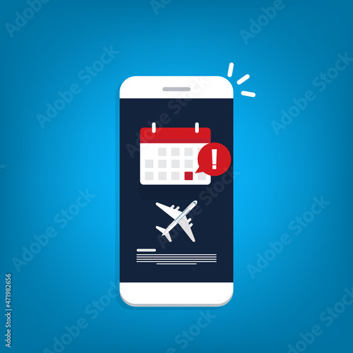 Flight delay info or travel agenda. Online reminder. Important airline airplane departure notification message on mobile phone. Vector illustration	