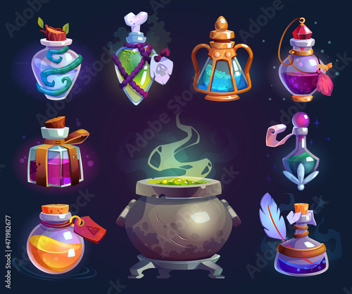 Halloween witch potion bottles set, cartoon boiling cauldron. Vector magic liquid in glass jar design element for gui games. Collection vials with caps, witchcraft apothecary antidotes. Spells elixir