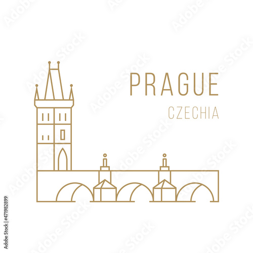 The landmark of Prague is the Charles Bridge in linear style.